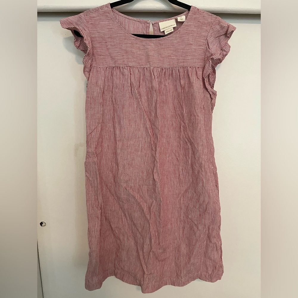 Red/white stripe dress, ruffle sleeve, pockets, size medium, 100% linen